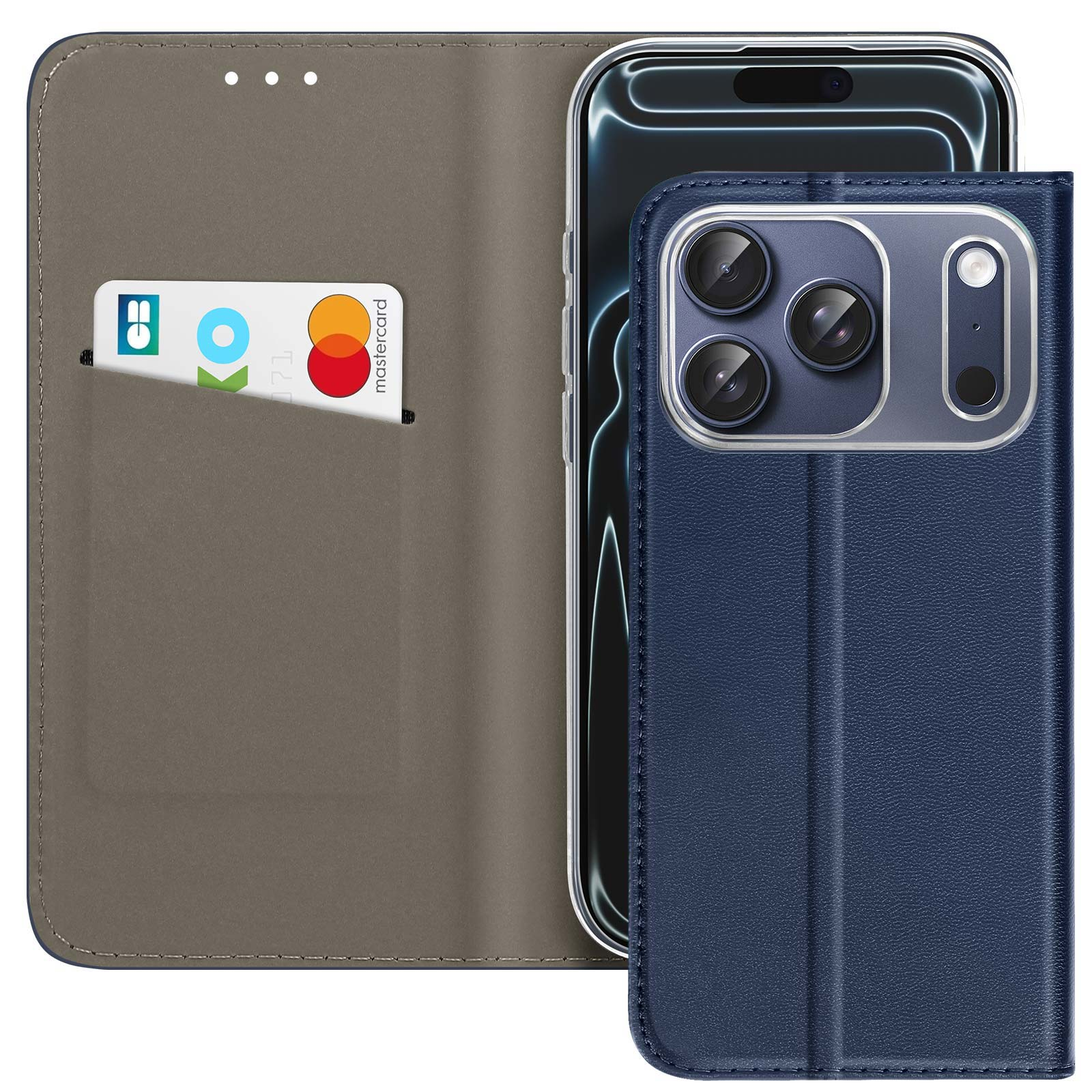 Custodia blu per telefono con telefono all'interno, aperta per mostrare lo slot per schede. Carta di credito visibile. Interno grigio.