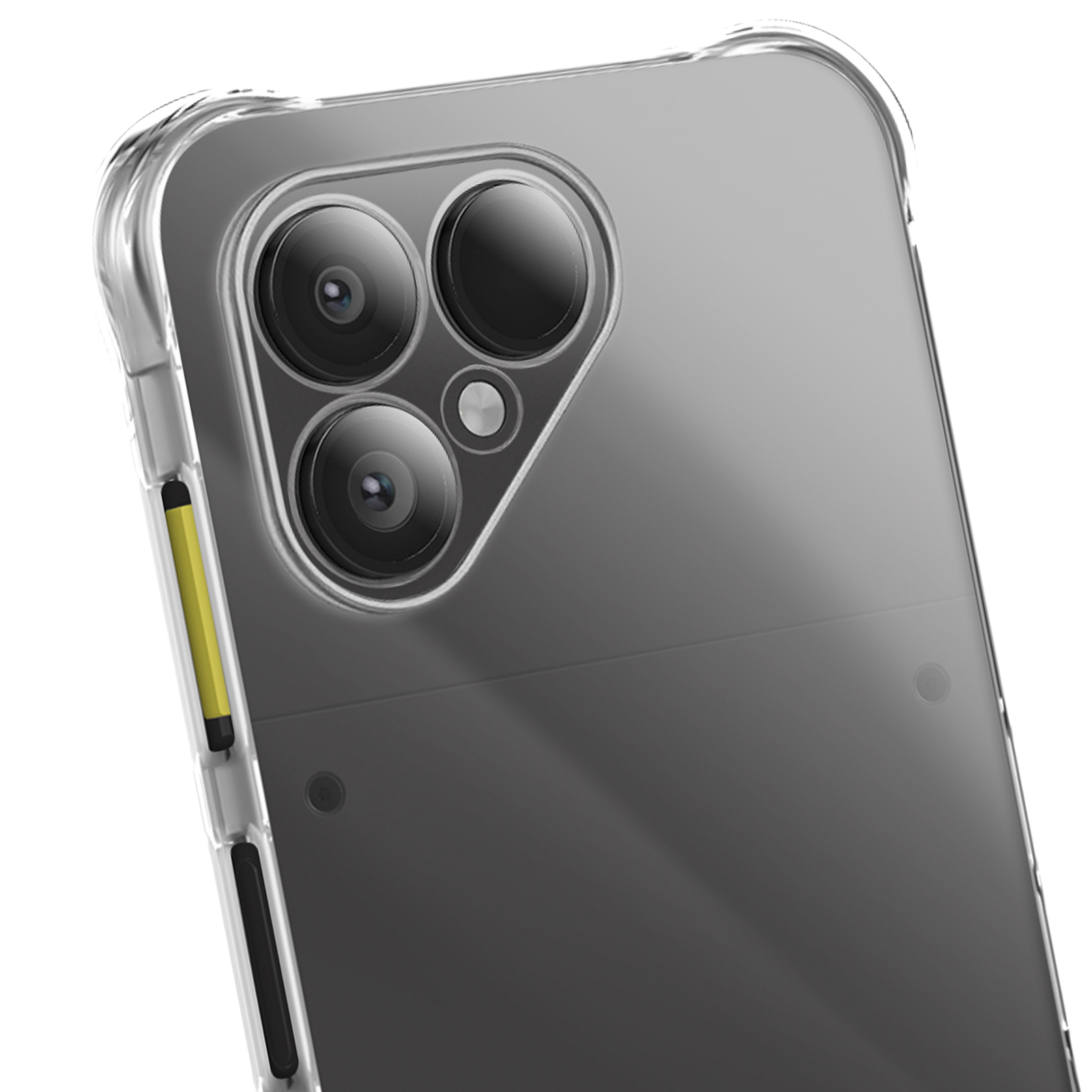 Gros plan d'un téléphone avec trois objectifs. Le téléphone est dans un étui transparent avec un accent jaune. Fond blanc.