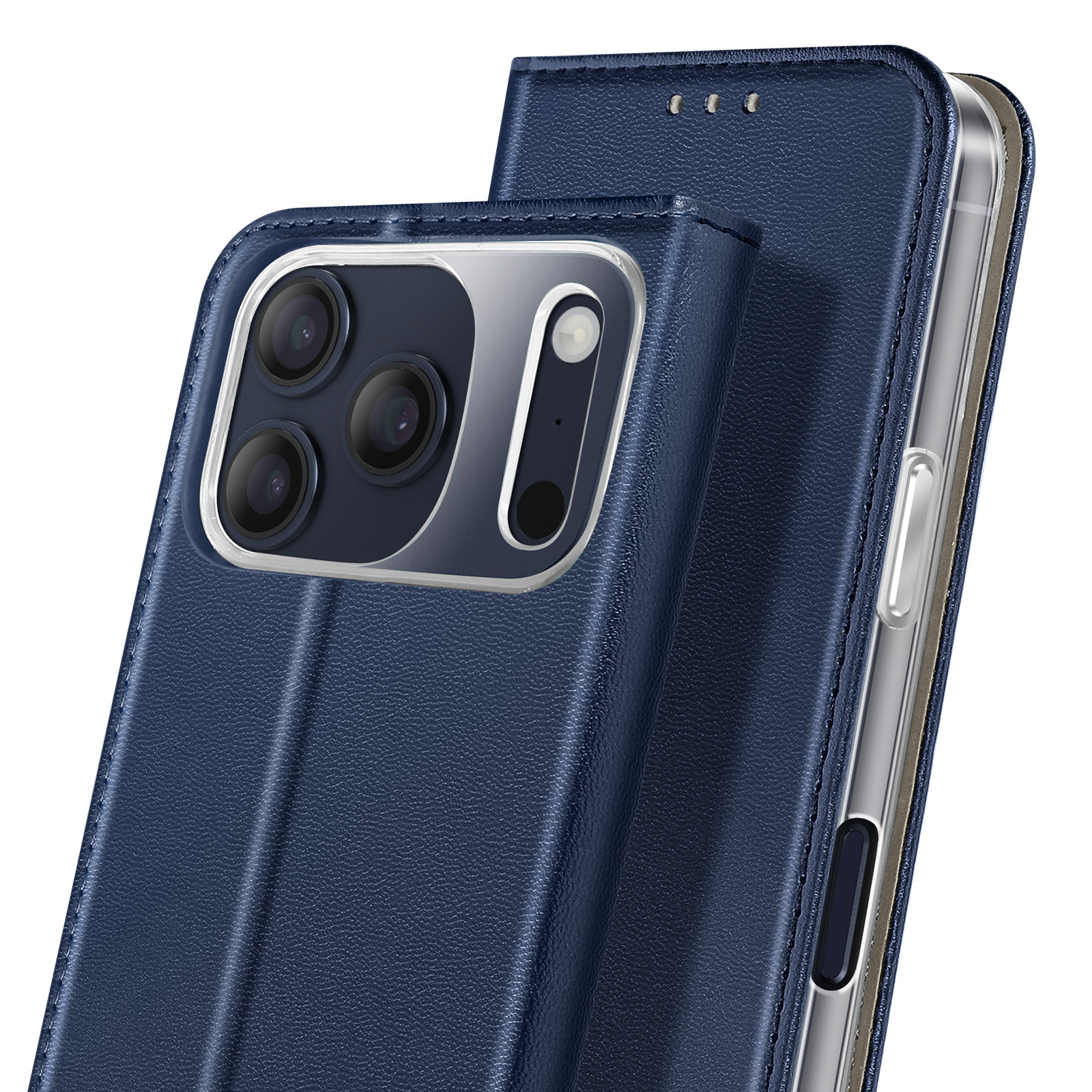 Custodia blu per telefono con telefono all'interno. Mostra lenti, pulsanti e la cover.