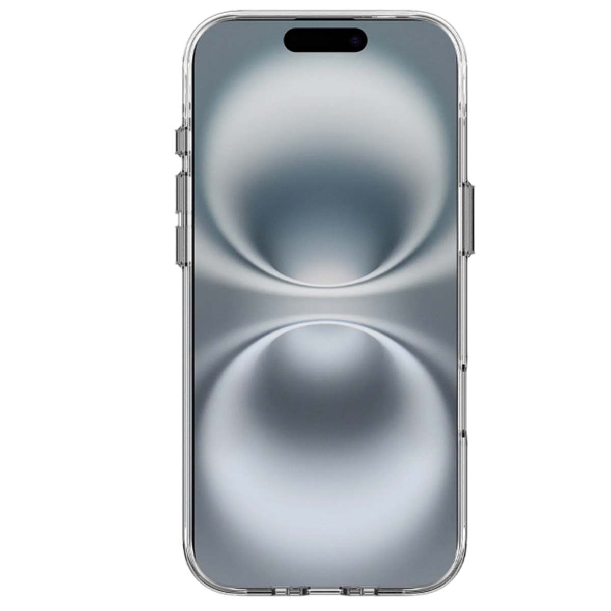 Una custodia trasparente per telefono su uno smartphone. Il telefono mostra un design grigio astratto. La fotocamera è visibile in alto.