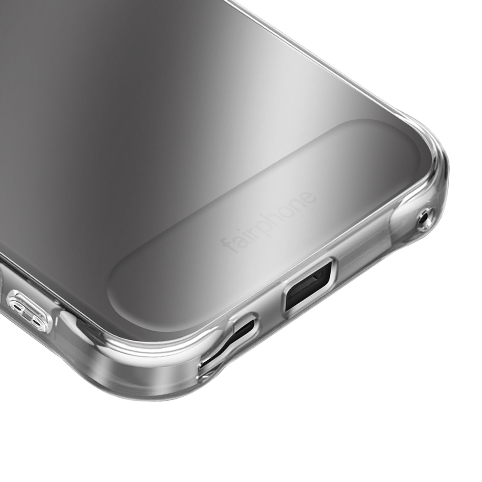 Une coque de téléphone transparente. Le mot 'fairphone' est visible. La coque a des découpes pour les ports et les boutons. Le fond est blanc.