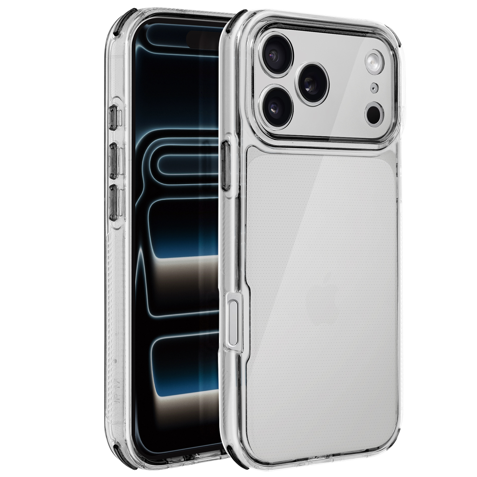 Une coque de téléphone transparente avec un dos transparent. La coque entoure le téléphone, mettant en valeur le design. L'écran est visible.