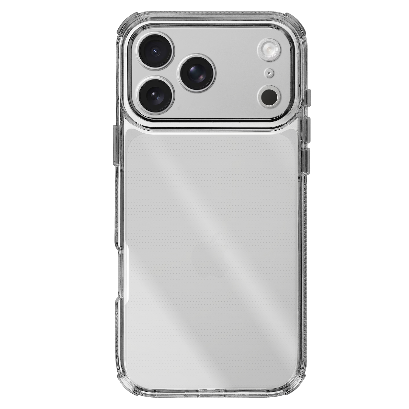 Coque transparente pour smartphone, montrant les objectifs de l'appareil photo et un flash. Le dos a un motif à pois.