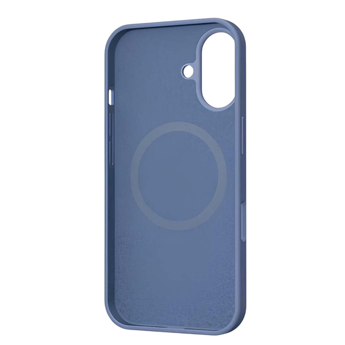 Una custodia blu per telefono. Ha un'apertura per la fotocamera e le porte. Un cerchio è impresso al centro. La custodia è in plastica.