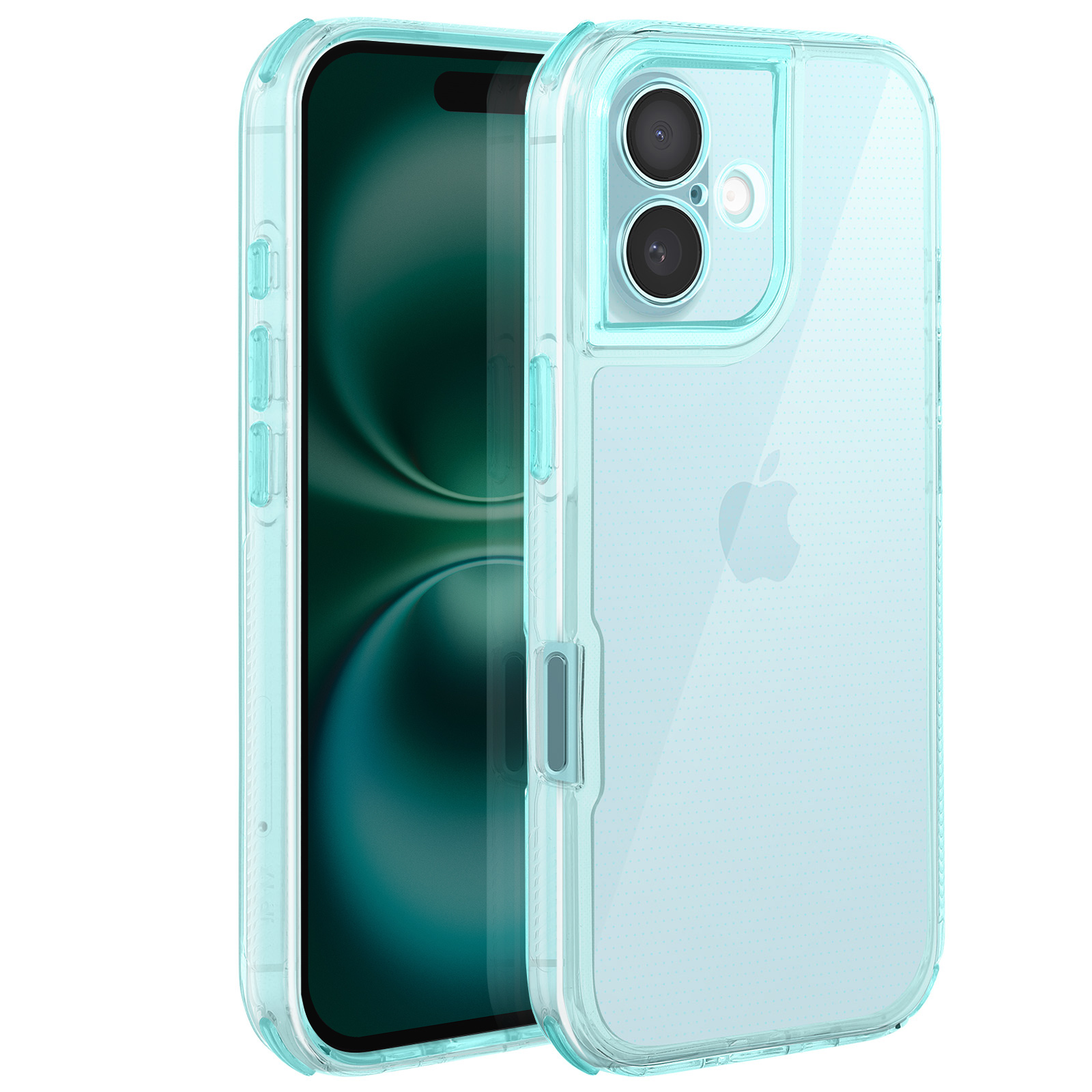 Una custodia trasparente color turchese protegge un iPhone. Il telefono ha uno schermo verde e la custodia ha ritagli per la fotocamera.