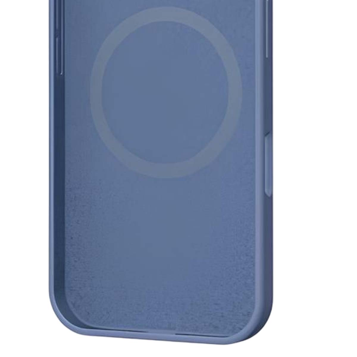 Primo piano di una custodia blu per telefono, con un segno circolare al centro. La custodia ha bordi arrotondati e una texture liscia.