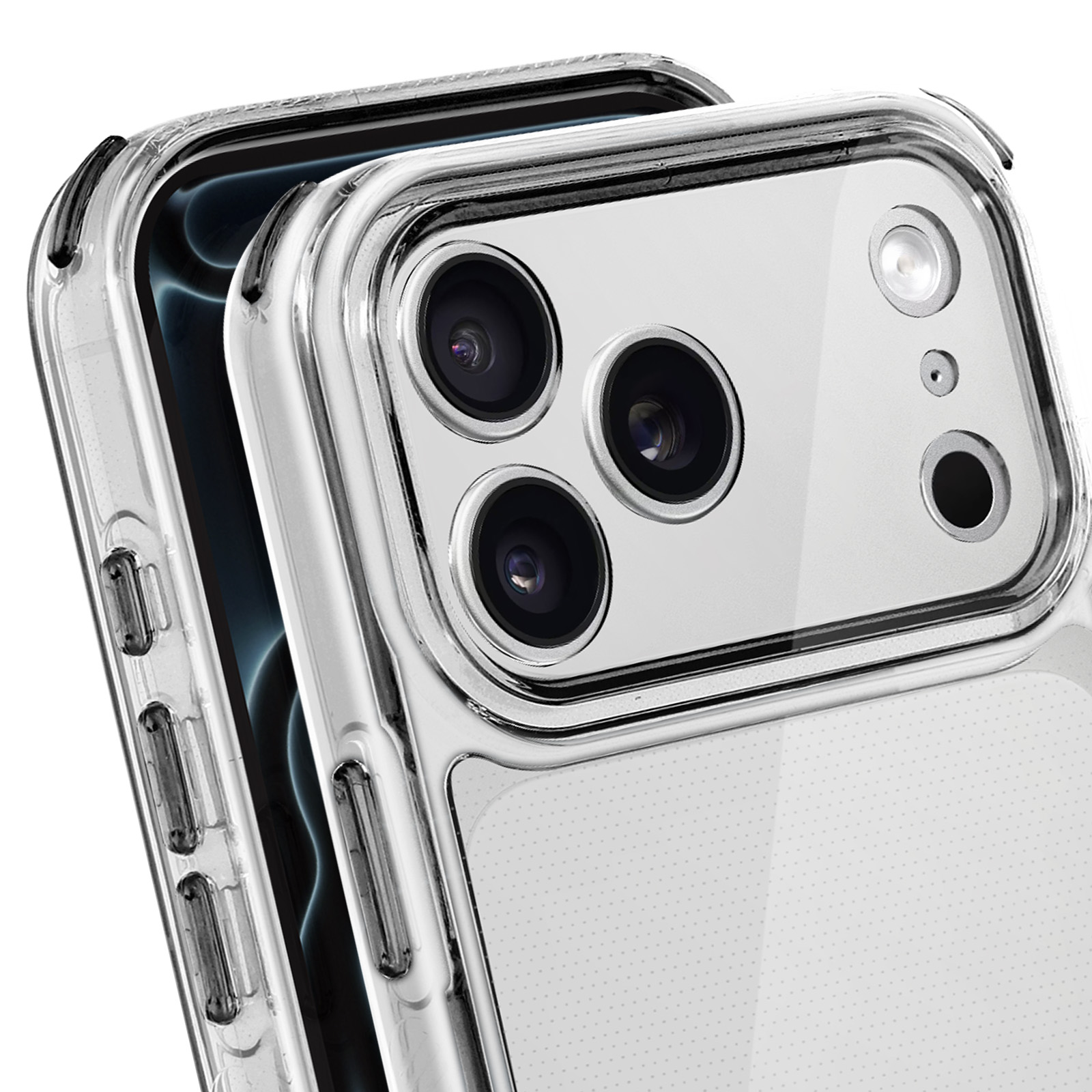 Gros plan sur une coque de téléphone transparente sur un téléphone, montrant les objectifs de l'appareil photo et les boutons. La coque a un design transparent.