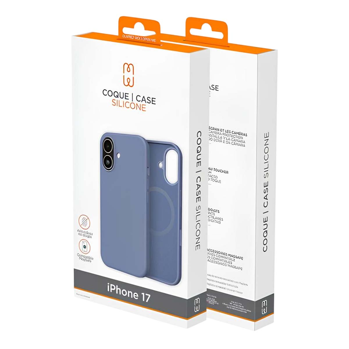 Una scatola di custodie per telefoni con una custodia blu è in mostra. La scatola è bianca e il testo "COQUE | CASE SILICONE" è scritto sopra.
