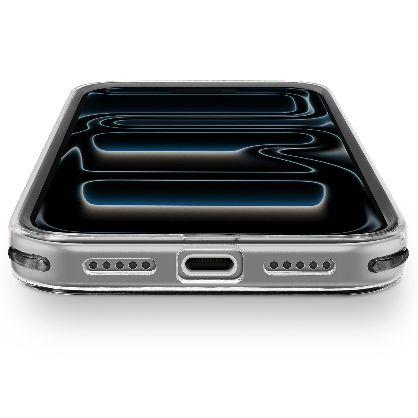 Une coque de téléphone transparente sur une surface blanche. L'écran affiche un motif sombre et ondulé.