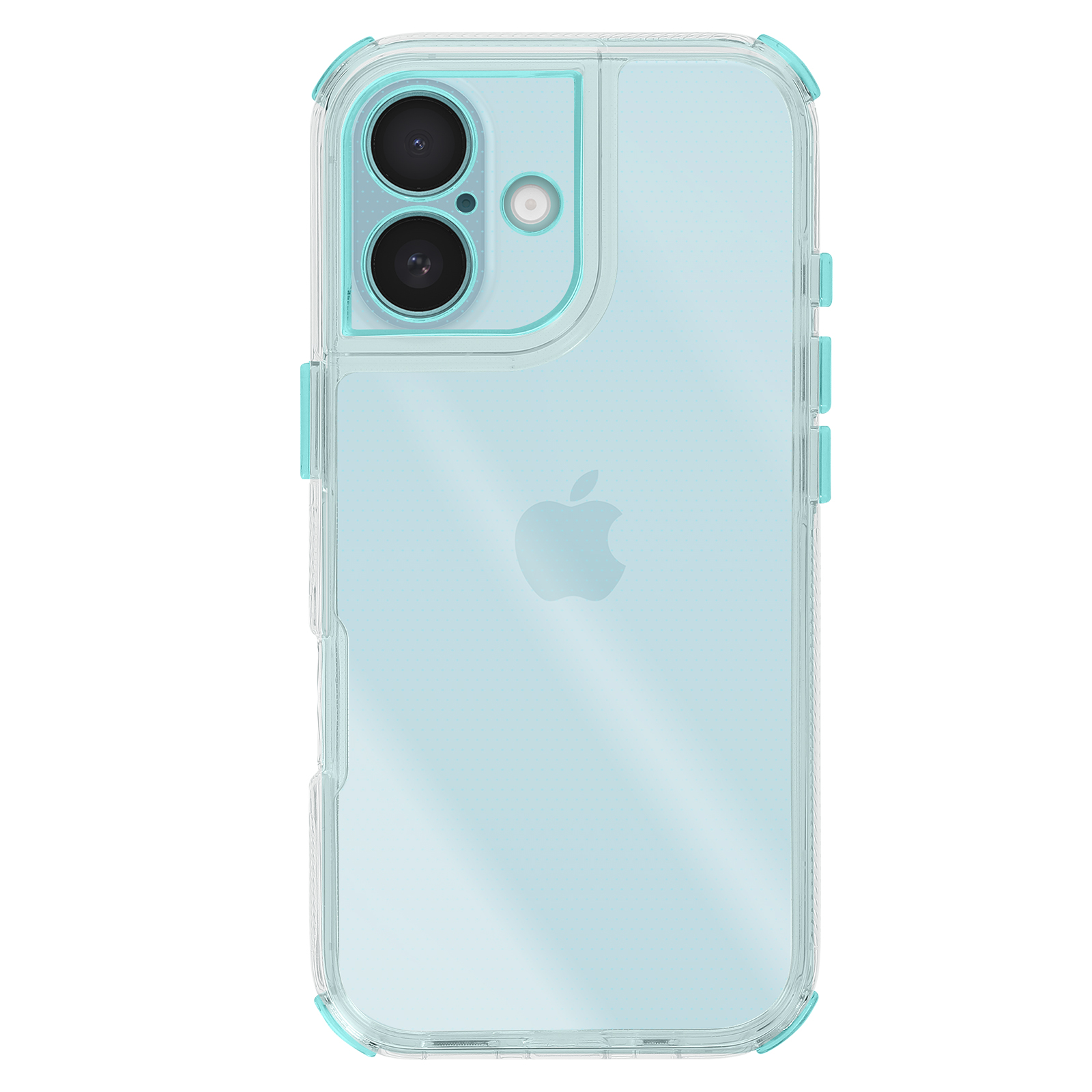 Custodia trasparente con dettagli blu. Logo Apple visibile. Due lenti e flash.