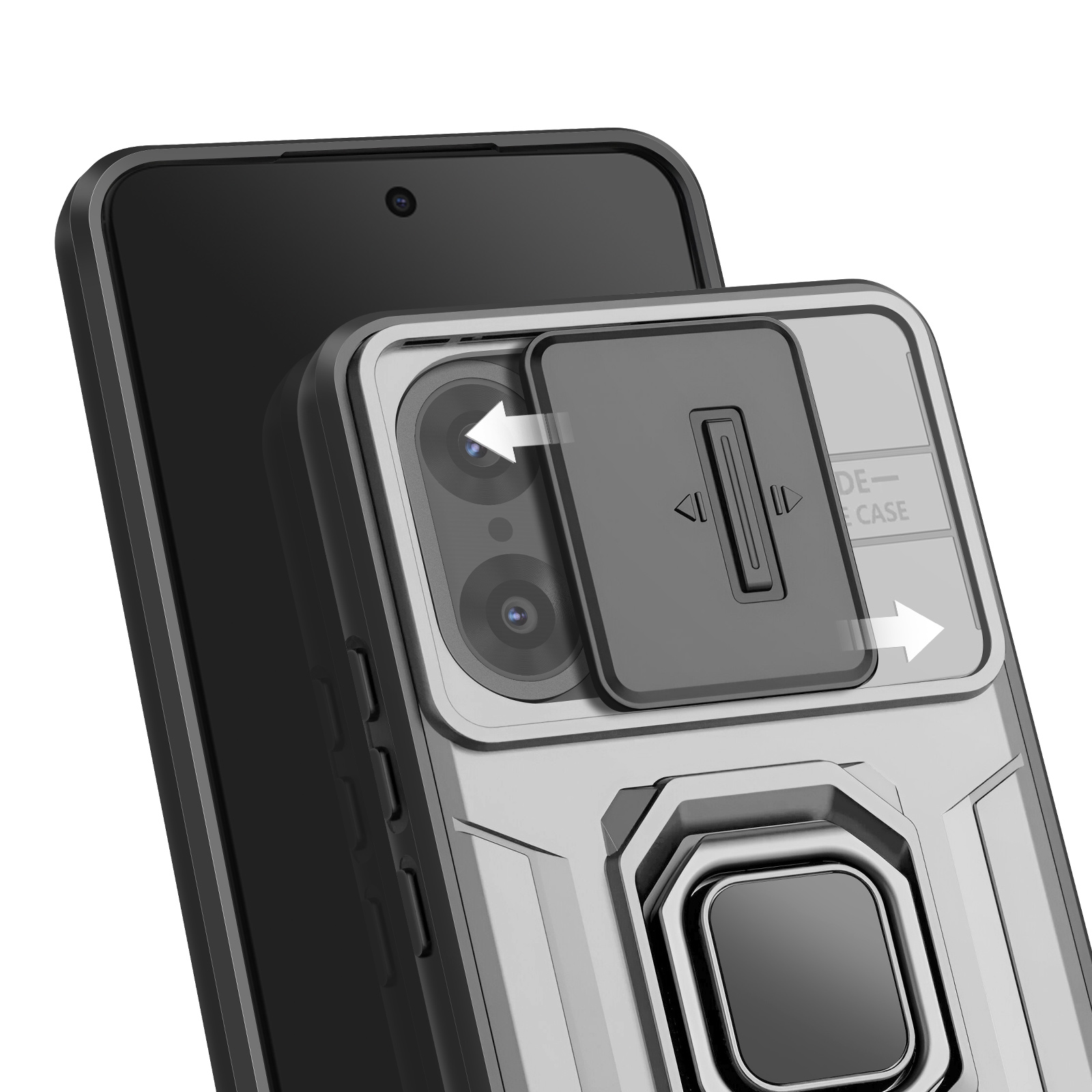 Ein Telefon ist in einer grauen Hülle mit einem verschiebbaren Kameraschutz eingeschlossen. Pfeile zeigen die Schiebebewegung an.