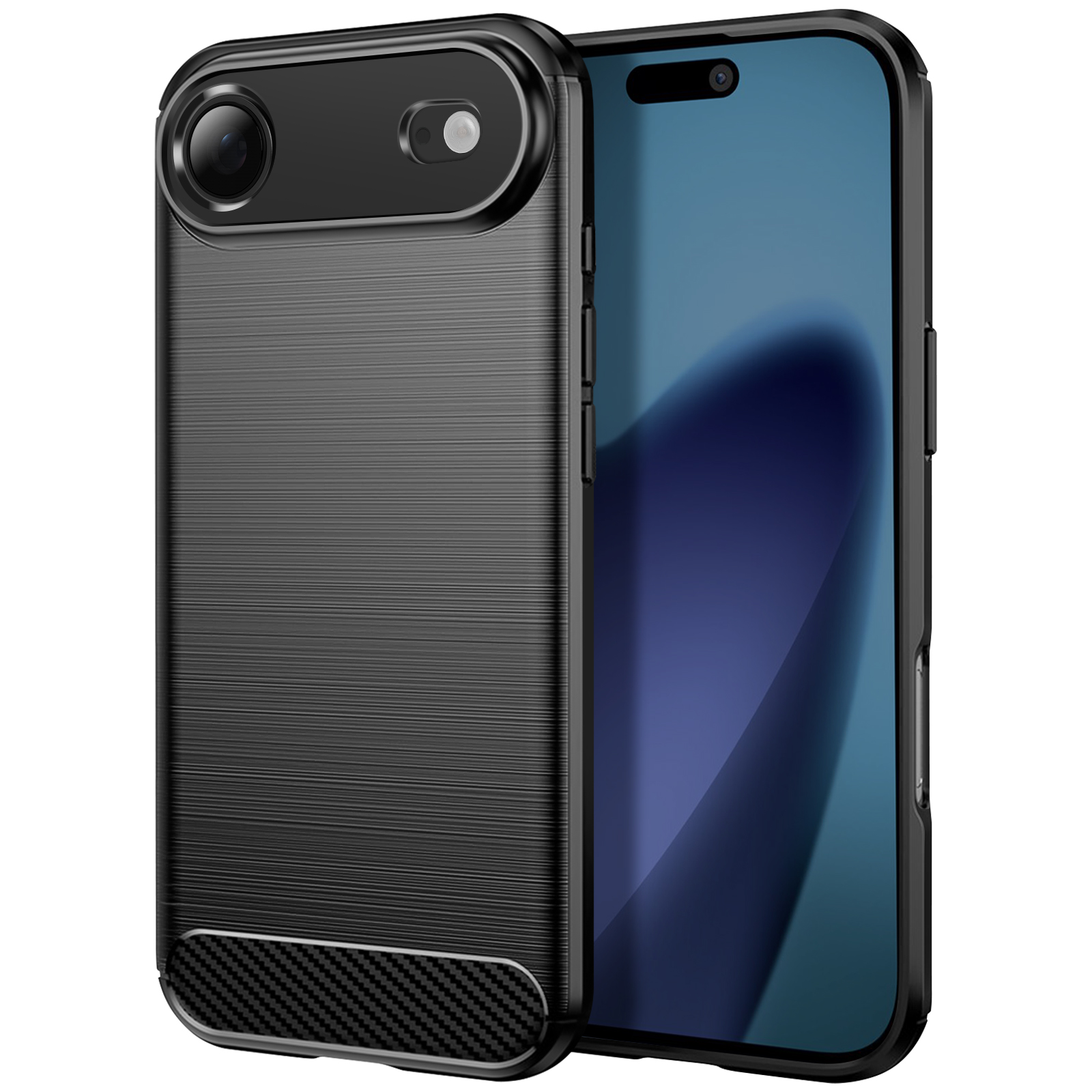 Custodia nera per telefono con modulo fotocamera e schermo con sfumatura blu.