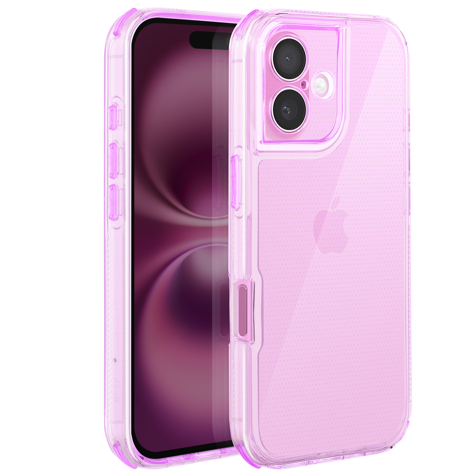 Una custodia rosa con bordo trasparente che tiene un telefono. La custodia ha ritagli per la fotocamera e coperture per i pulsanti.