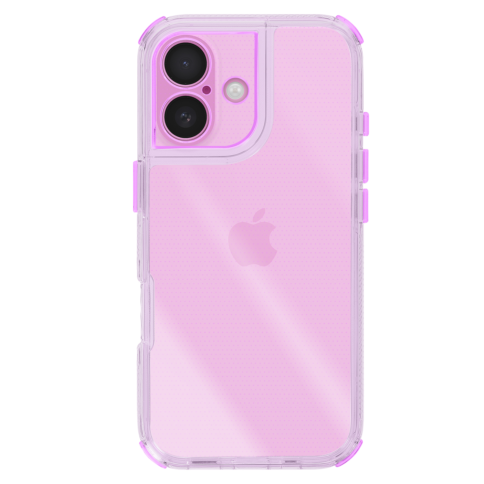 Un iPhone rosa in una custodia protettiva. Ha due obiettivi e un flash. La custodia è trasparente con dettagli rosa.