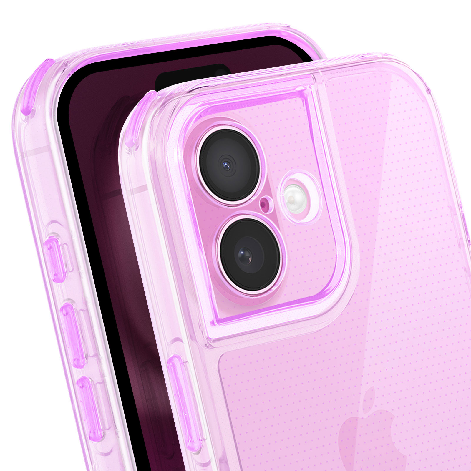 Primo piano di un telefono in una custodia trasparente rosa. La custodia ha un ritaglio per la fotocamera e lo schermo è visibile.