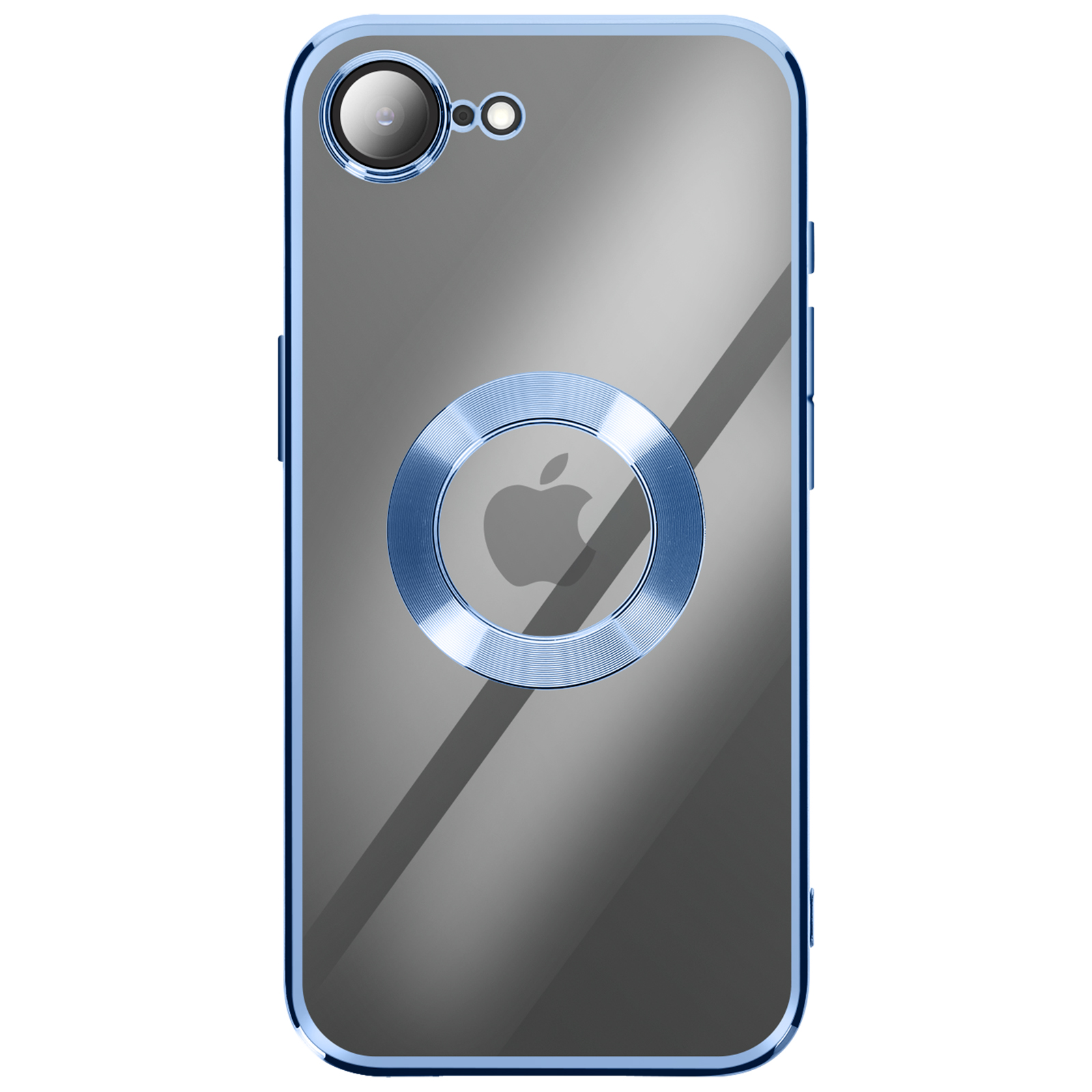 Une coque de téléphone transparente avec un cadre bleu et un anneau bleu. Le logo Apple est au dos et un appareil photo en haut.