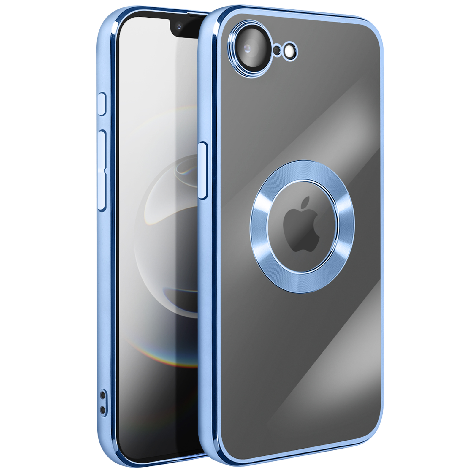 Deux coques de téléphone bleues. L'une montre l'avant, l'autre l'arrière. La coque arrière a un appareil photo et le logo Apple.