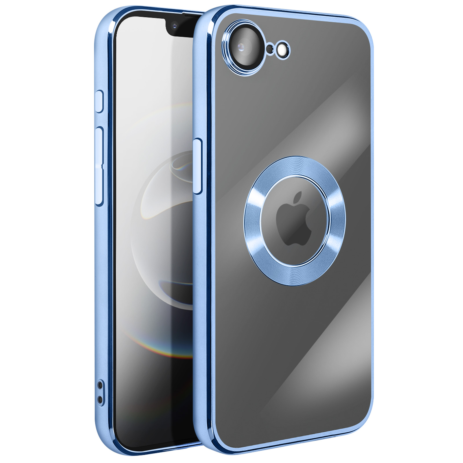 Deux coques de téléphone bleues. L'une contient le téléphone. La seconde a une caméra et un logo Apple.