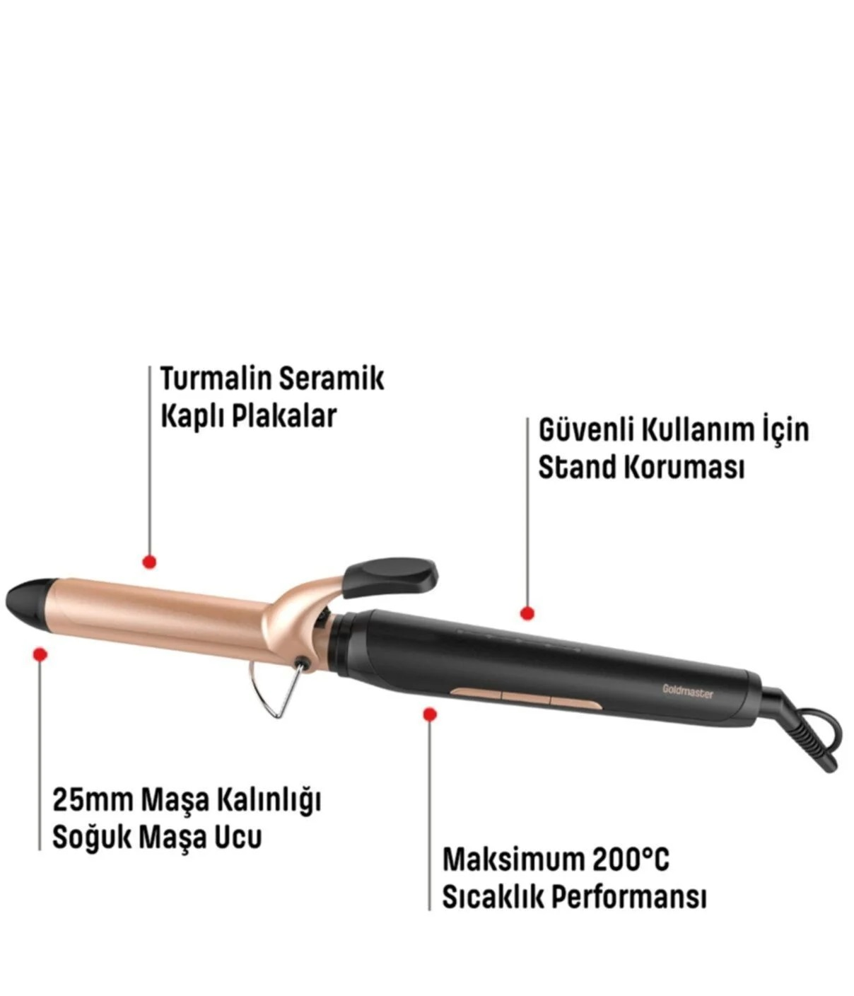 Siyah ve altın tasarımlı bir maşa. Özellikleri arasında turmalin seramik plakalar, bir stand ve maksimum 200°C sıcaklık yer alır.
