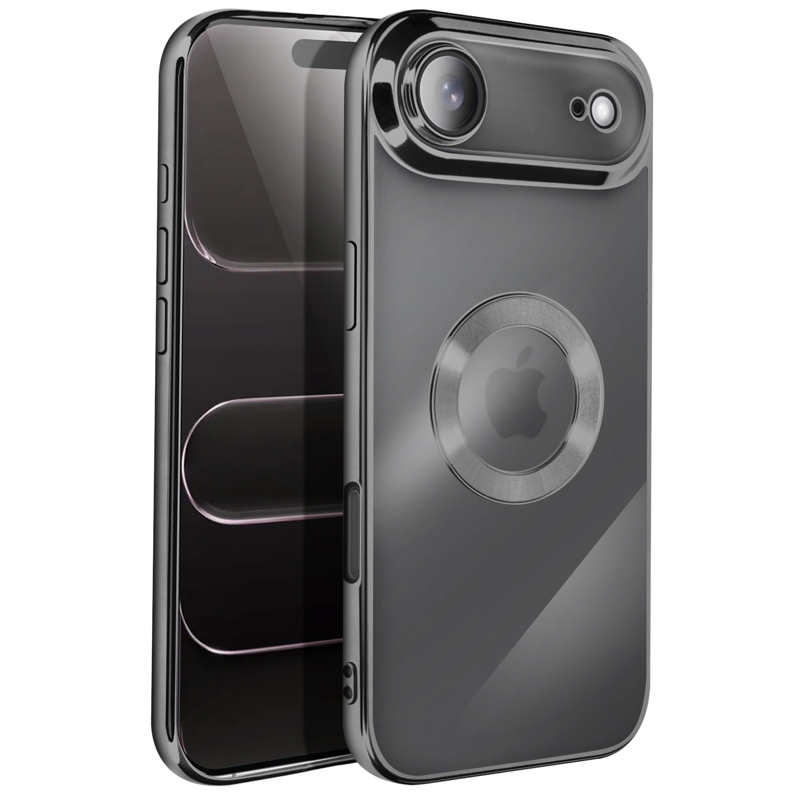 Una custodia per telefono grigio scuro con ritaglio per fotocamera e logo Apple. Il telefono è parzialmente visibile.