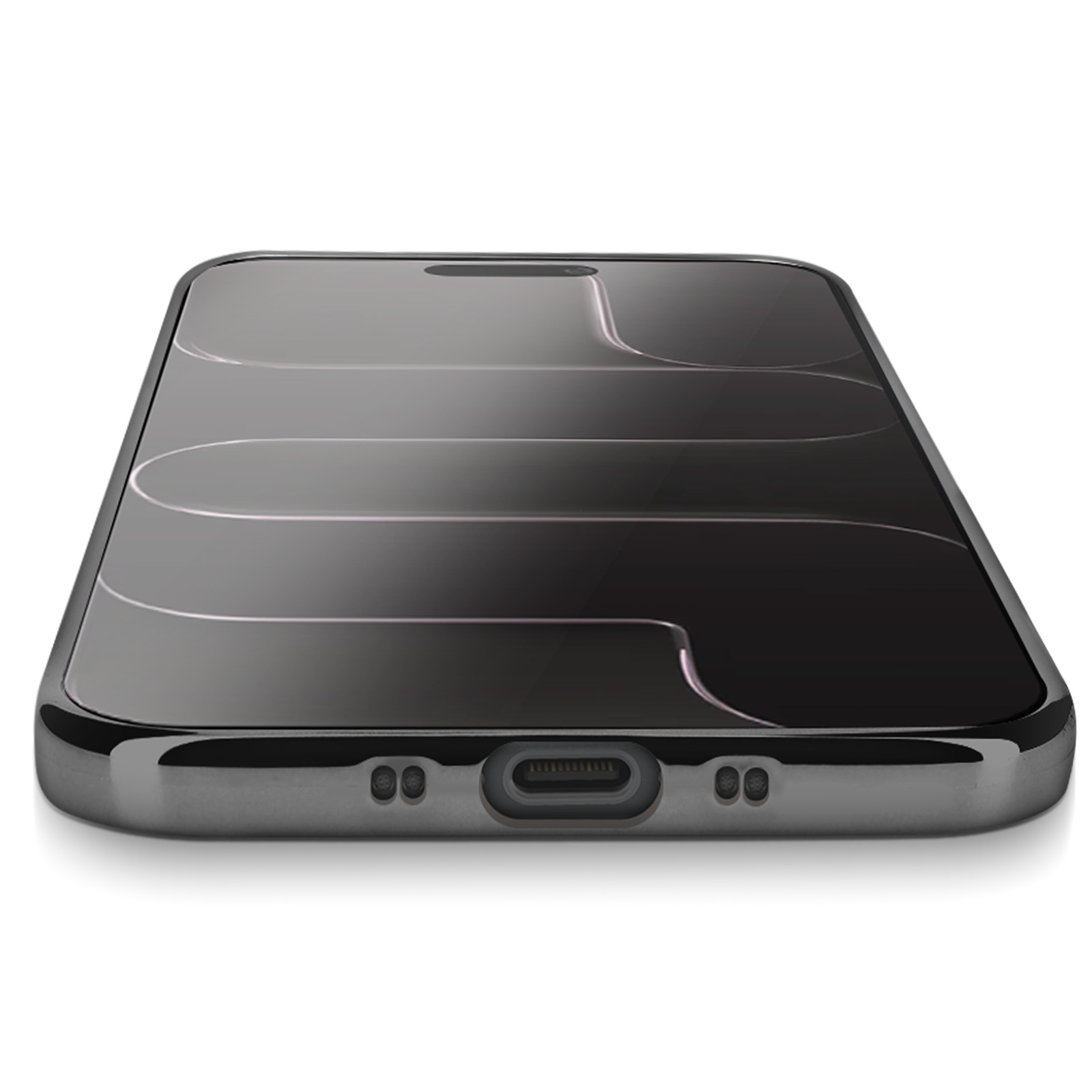 Uno smartphone nero, angolato, con schermo lucido e cornice argentata. Lo schermo ha linee curve.