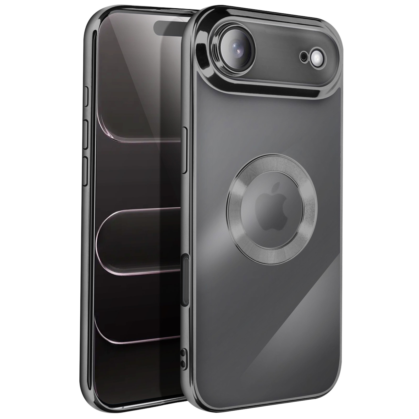 Una custodia grigia per telefono con ritaglio per fotocamera e logo Apple. Lo schermo del telefono è visibile. La custodia è riflettente.