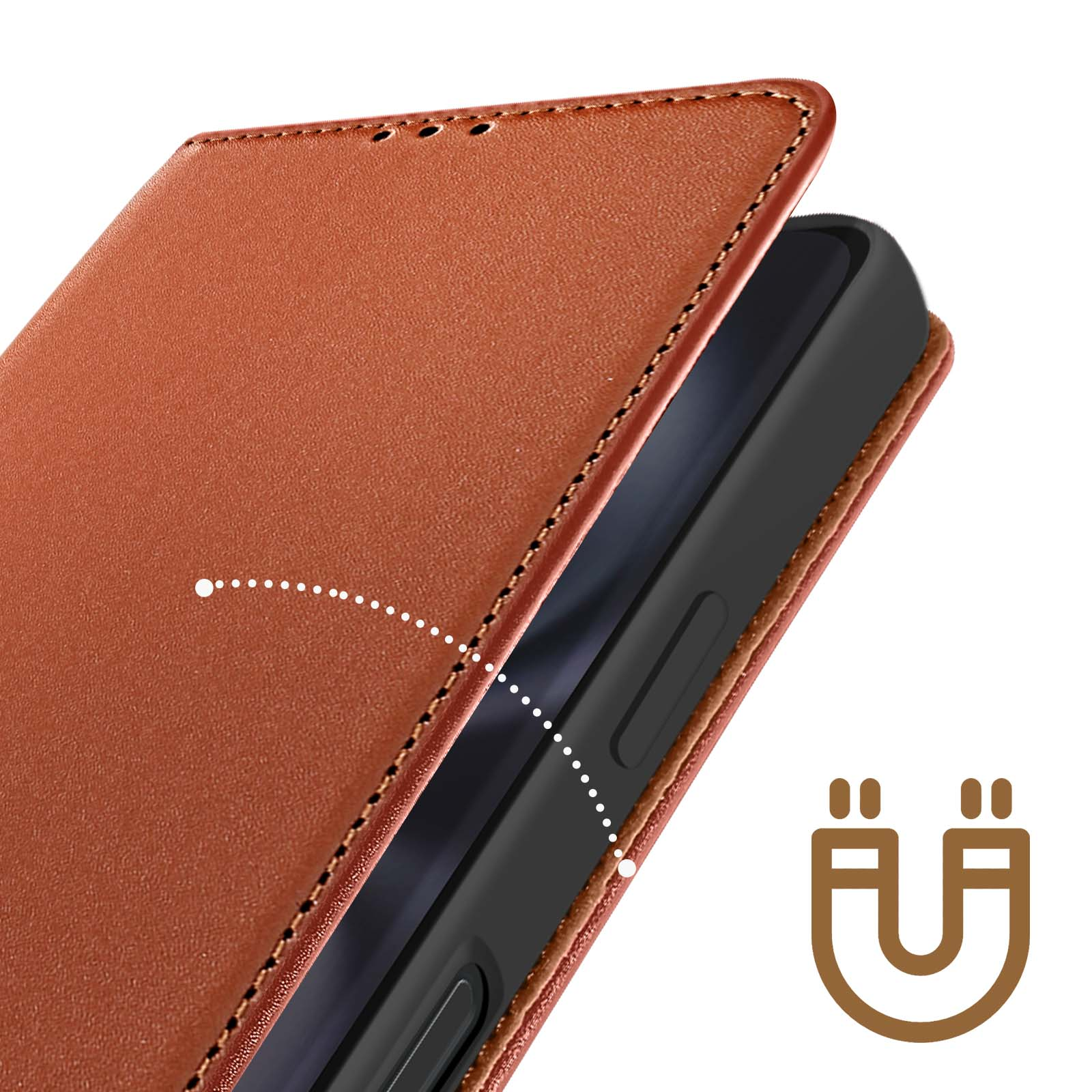 Una custodia per telefono in pelle marrone è aperta, rivelando un telefono nero. È visibile un'icona a forma di magnete.
