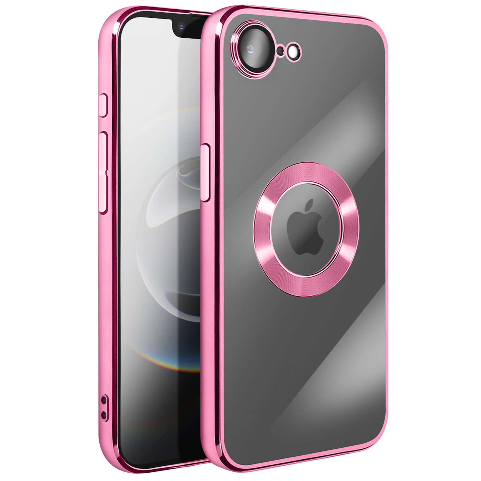 Coque iPhone rose avec dos transparent. Anneau logo Apple et accents roses.