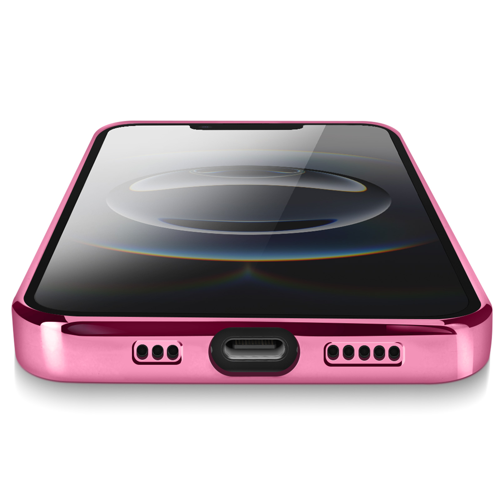 Coque de téléphone rose avec écran noir, montrant un reflet. La coque a des trous de haut-parleur et un port de charge. Fond blanc.