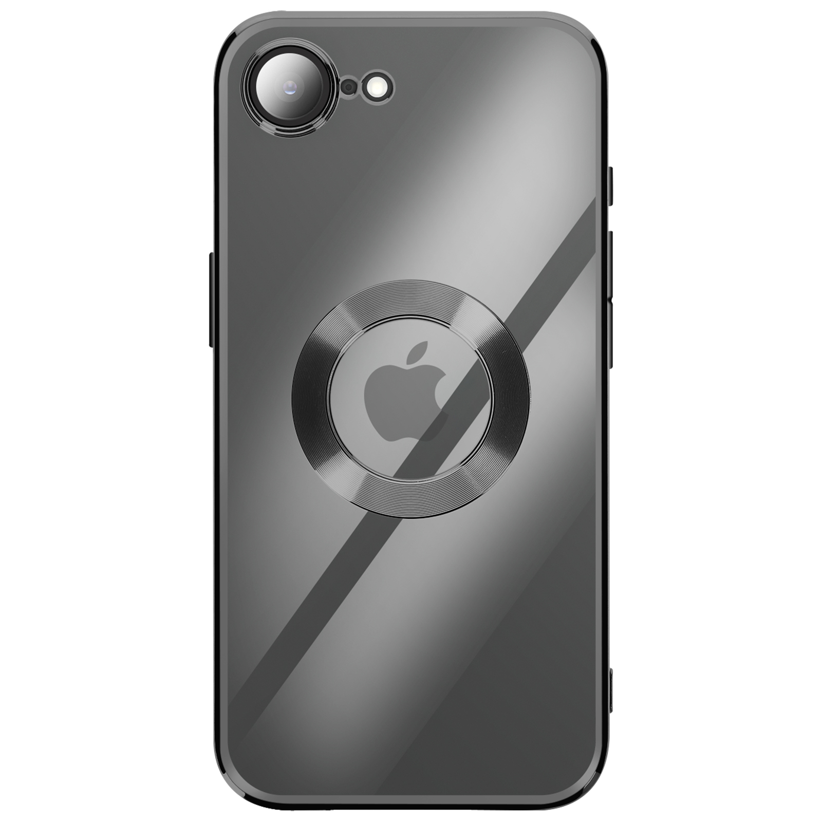 Une coque de téléphone grise avec un logo Apple et un appareil photo. La coque a une surface réfléchissante et un support de bague.