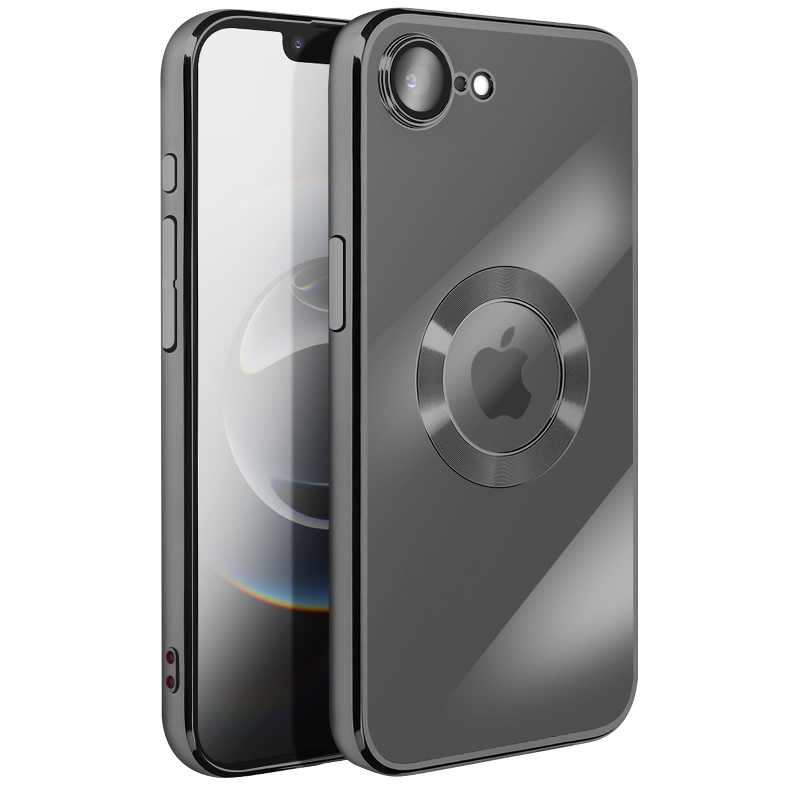 Un iPhone gris foncé avec un étui de protection. L'étui a un objectif d'appareil photo et un logo Apple. L'écran du téléphone est visible.
