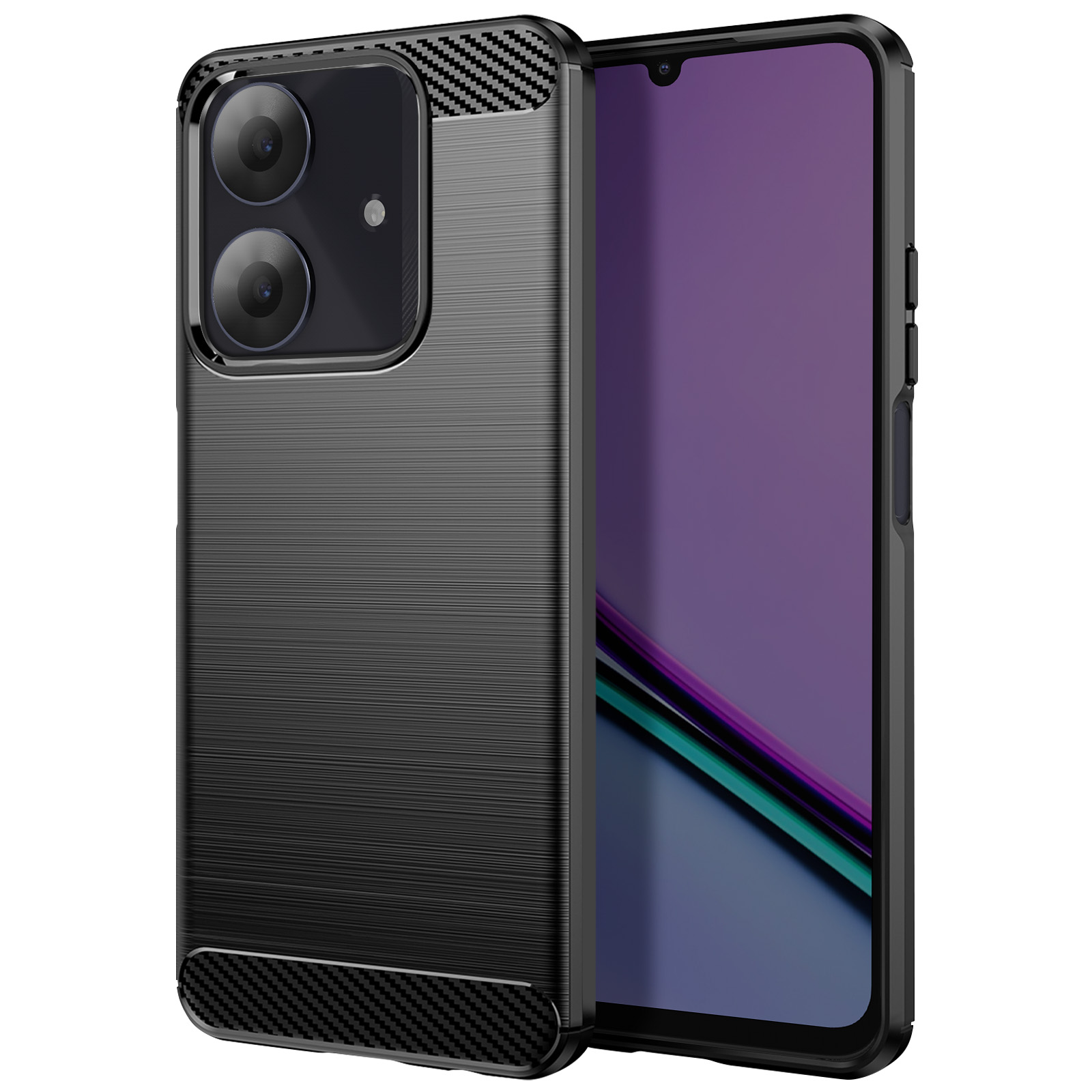 Una custodia nera per telefono con design in fibra di carbonio. Lo schermo mostra una sfumatura viola. Sono visibili due lenti della fotocamera.