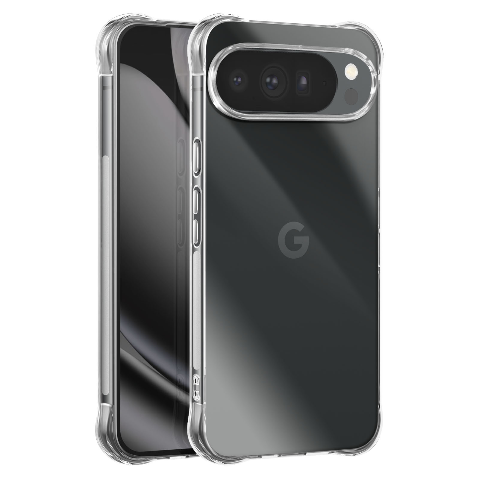Custodia trasparente su un telefono nero. La custodia protegge la fotocamera e i bordi.