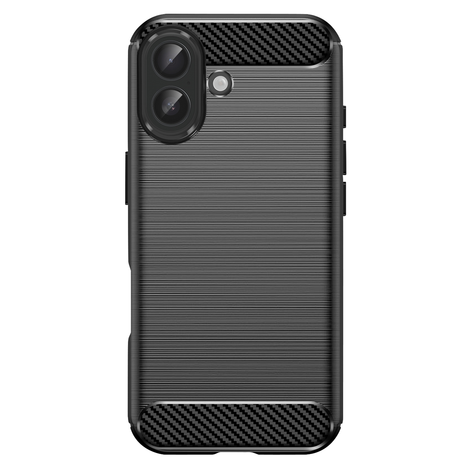Una custodia per telefono nera con un motivo a strisce orizzontali strutturato. Ha una doppia fotocamera e un motivo in fibra di carbonio.