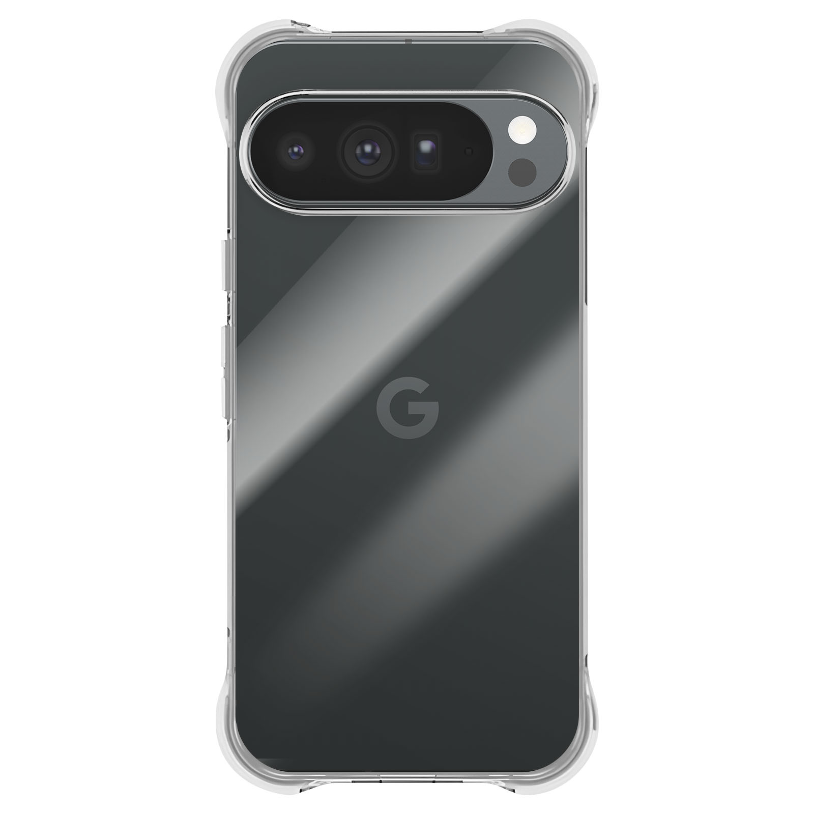 Un telefono Google Pixel in una custodia protettiva trasparente. Il telefono è grigio con barra fotocamera nera e sfondo bianco.