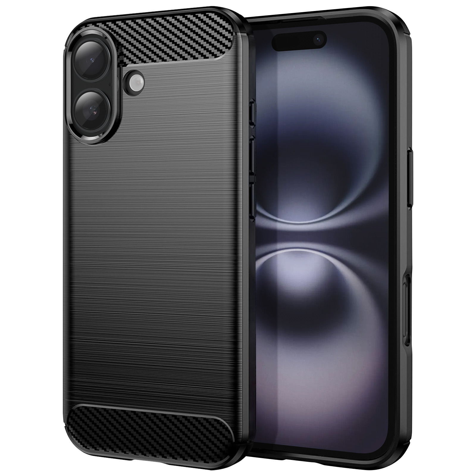 Una custodia nera con texture in fibra di carbonio e uno smartphone. Lo schermo del telefono è visibile. La custodia è dettagliata.
