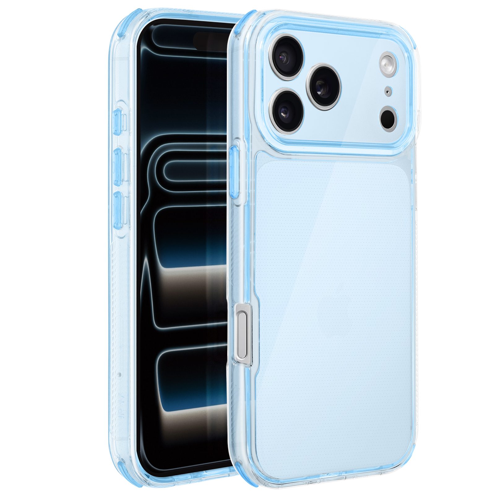 Une coque de téléphone bleu clair protège un téléphone noir. L'étui a un dos transparent et des bords bleus. Trois caméras sont visibles.