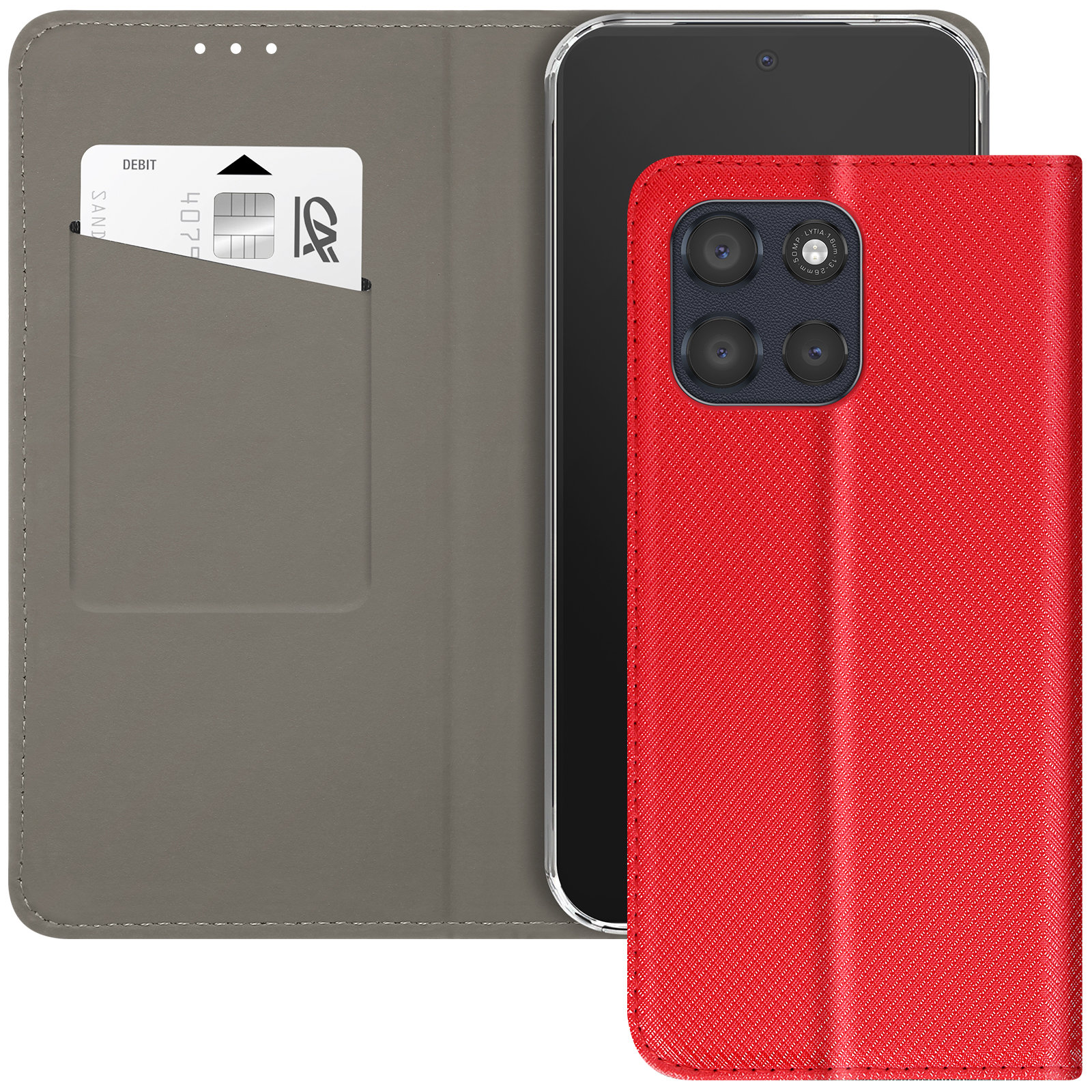 Uno smartphone in una custodia rossa, all'interno di una custodia grigia a portafoglio. Una carta di credito è in una tasca.