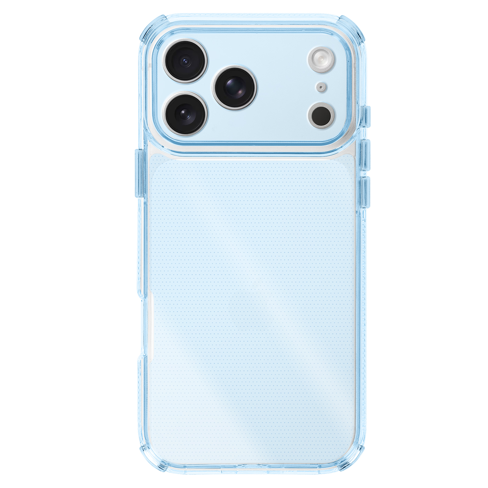 Une coque de téléphone bleue transparente. Elle a des découpes pour la caméra et un motif à pois au dos. Les bords sont bleu foncé.