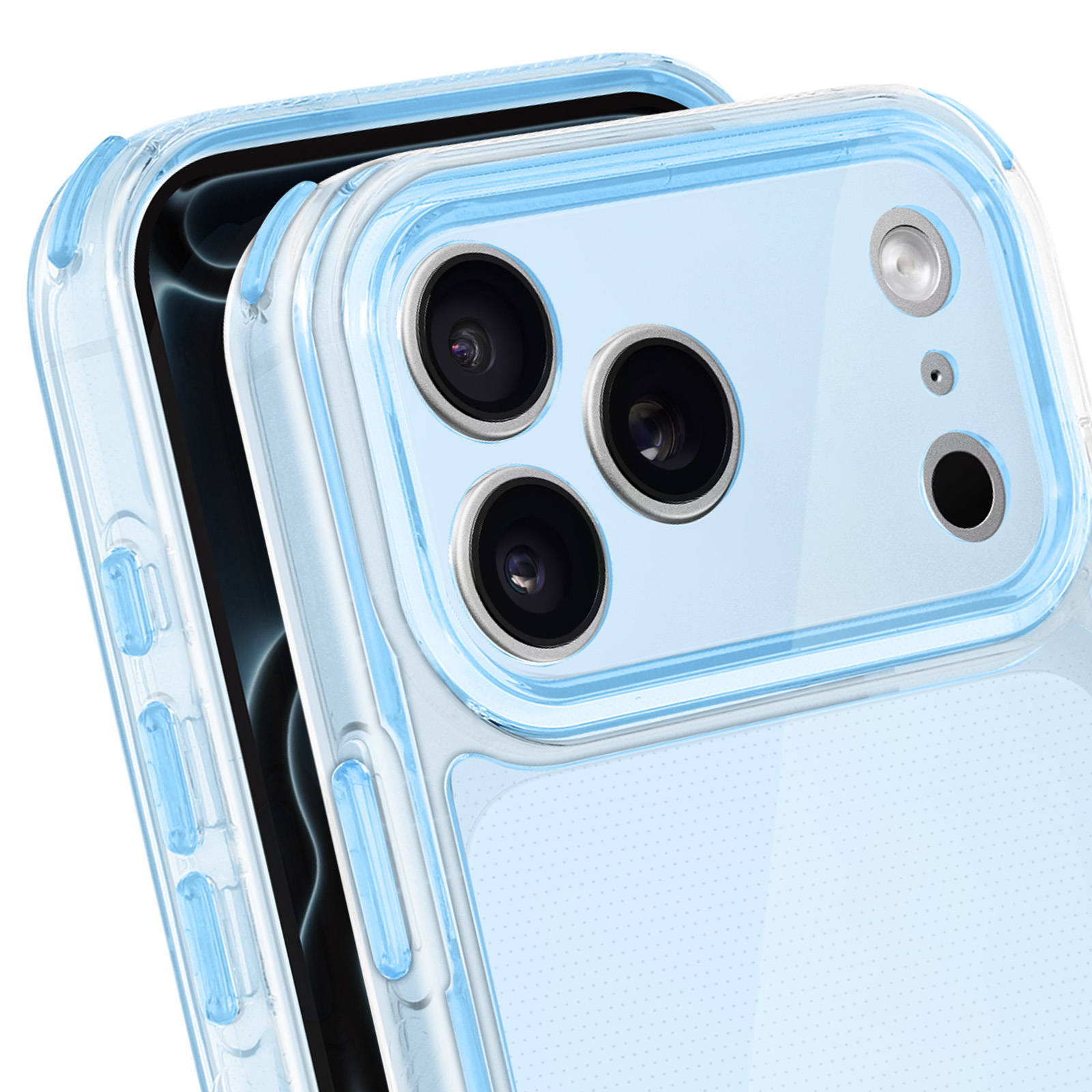 Gros plan d'un téléphone avec une coque transparente, une bordure bleue et plusieurs objectifs. Le fond est bleu clair.