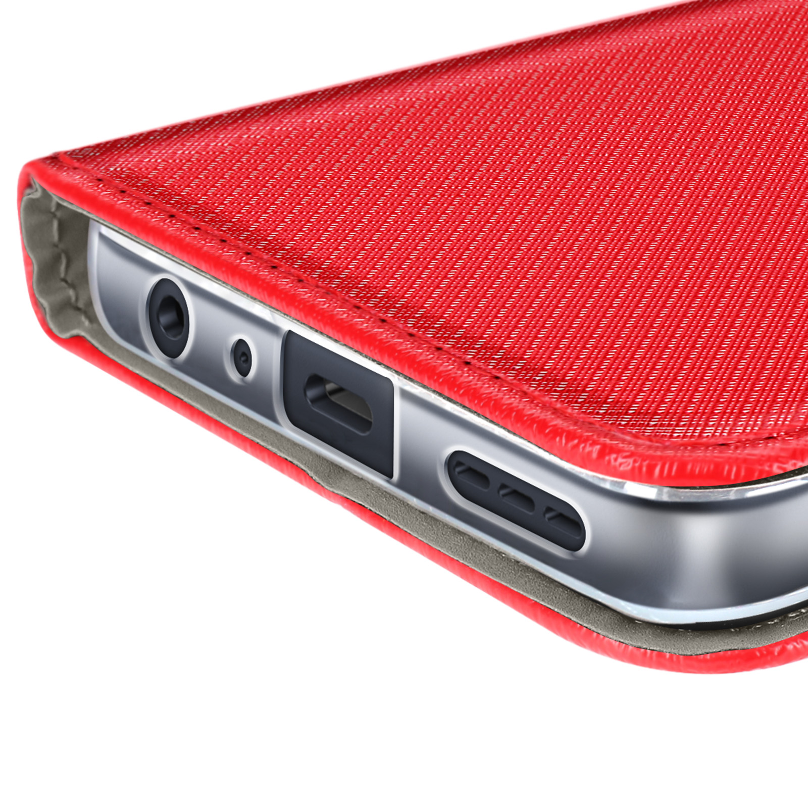 Primo piano di una custodia per telefono rossa con superficie strutturata. Il bordo argentato del telefono rivela porte e un foro per la fotocamera.