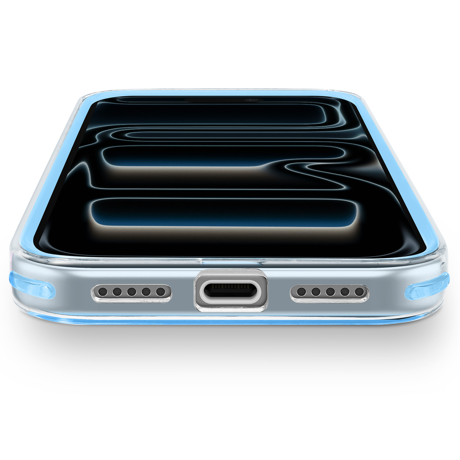 Une coque de téléphone transparente avec un bord bleu. L'écran affiche un design noir ondulé. Le fond est blanc.