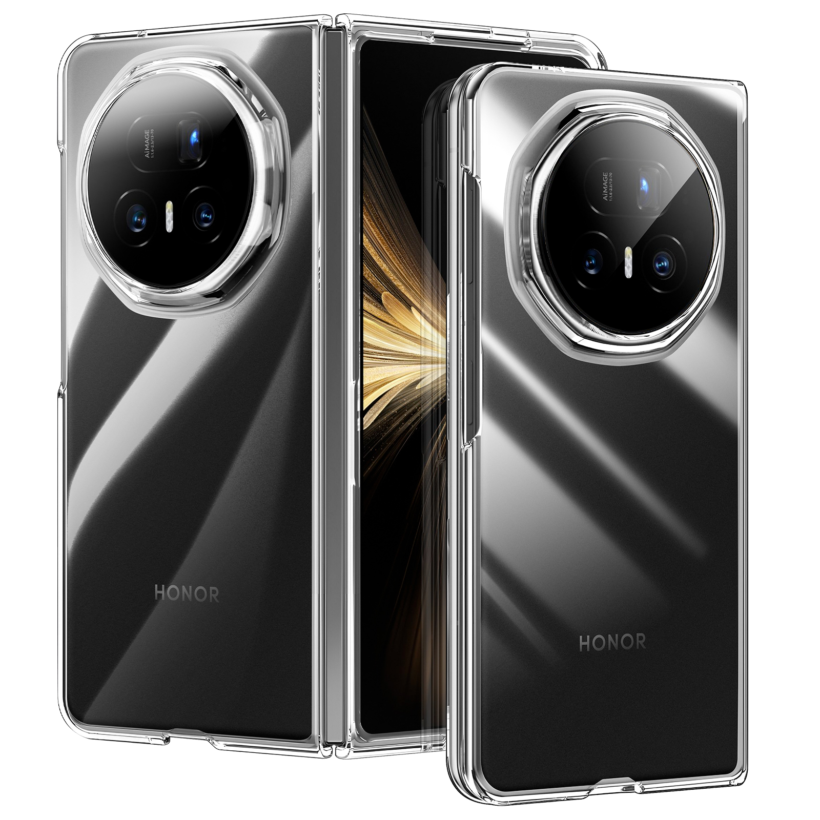Trois téléphones, dont un ouvert, affichent un motif doré. Les deux autres sont fermés avec une coque transparente argentée. Le logo HONOR est visible.