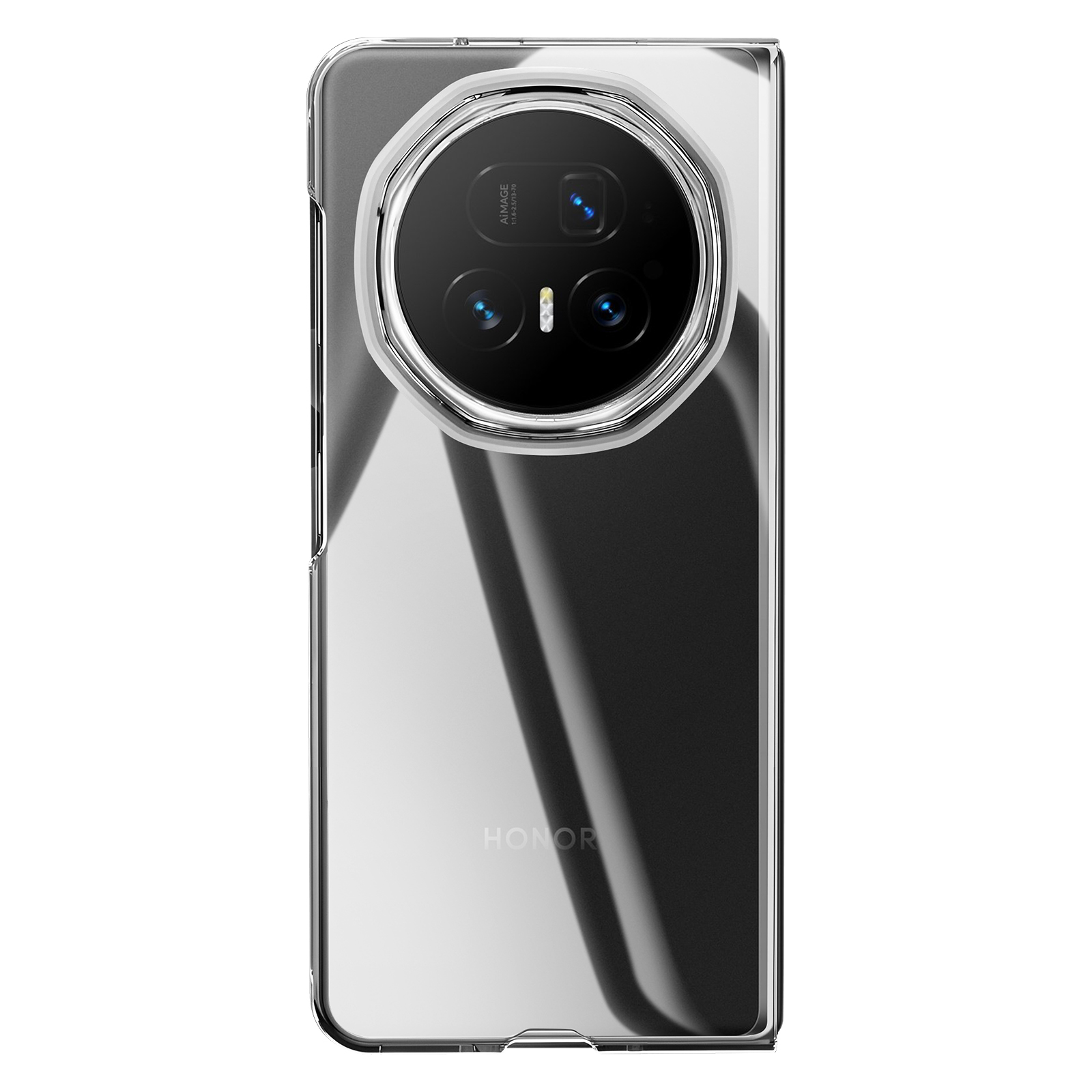 Un téléphone dans un étui transparent. Le dos a un grand module de caméra circulaire avec trois lentilles. La marque HONOR est visible.