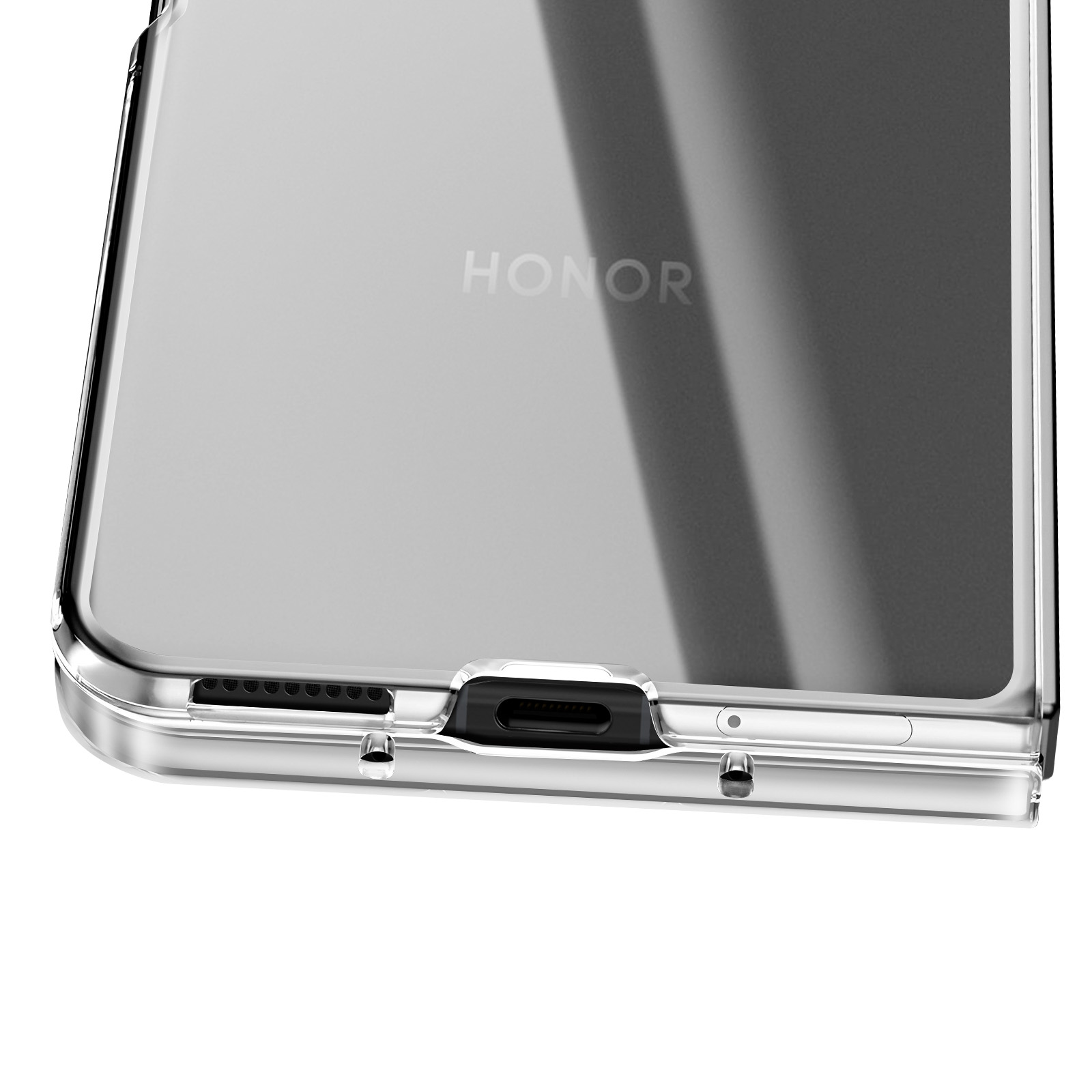Une coque de téléphone transparente avec le logo HONOR. Le bord inférieur montre le port de charge, le haut-parleur et les boutons. Le fond est blanc.