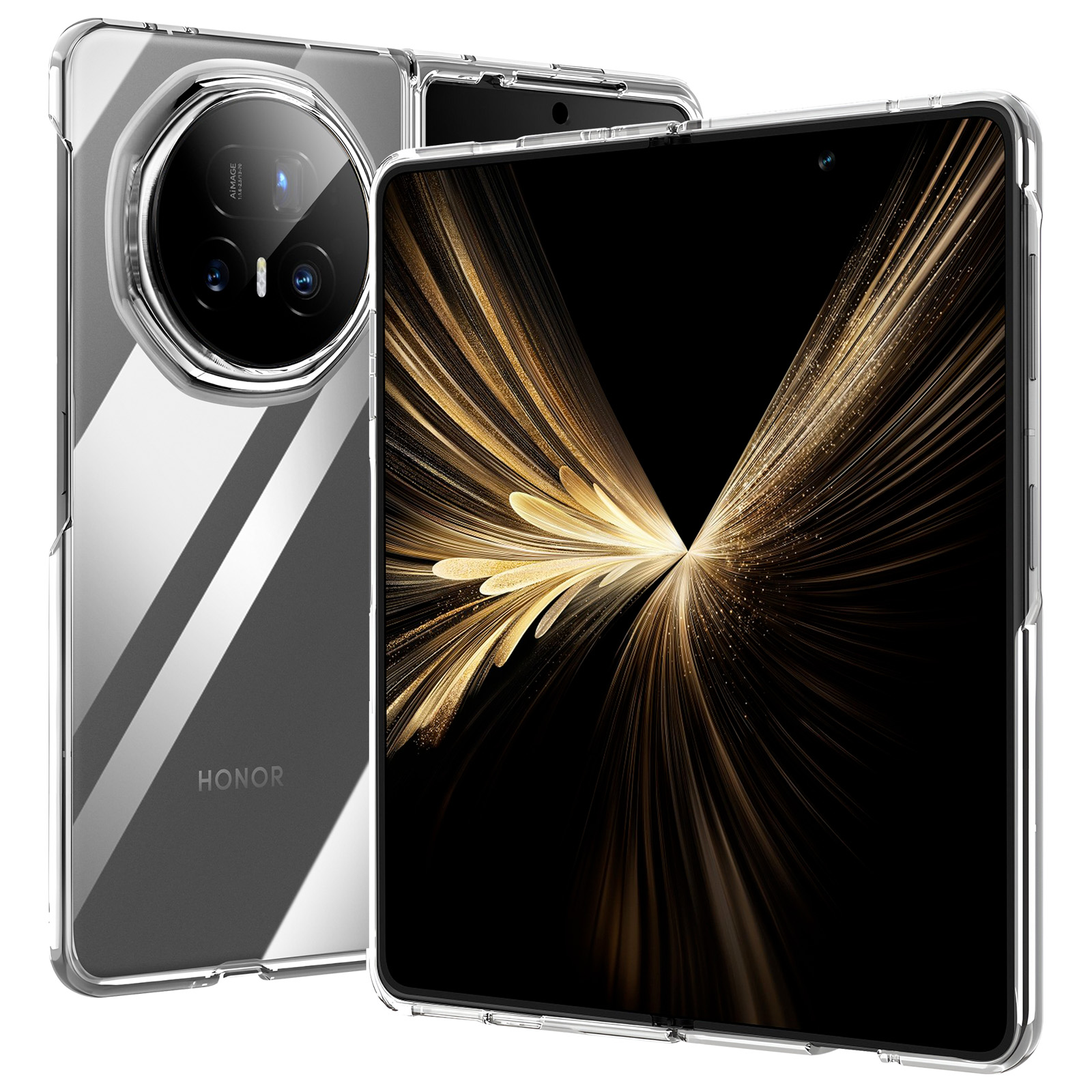 Une coque transparente avec un téléphone plié. L'écran du téléphone affiche un motif de lumière dorée.