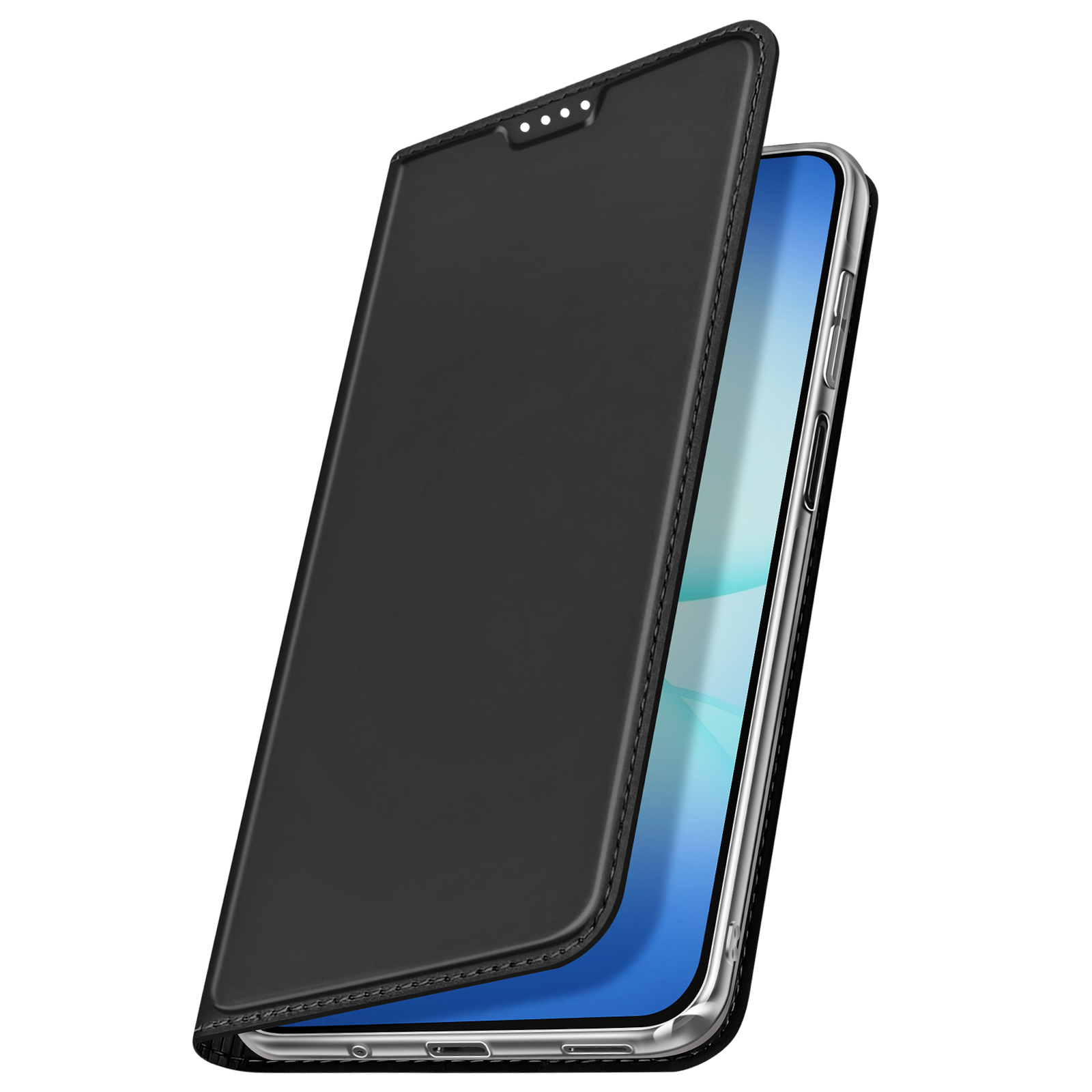 Custodia nera per telefono aperta, che rivela lo schermo blu. Custodia similpelle, con cuciture. Telefono con cornice argentata.