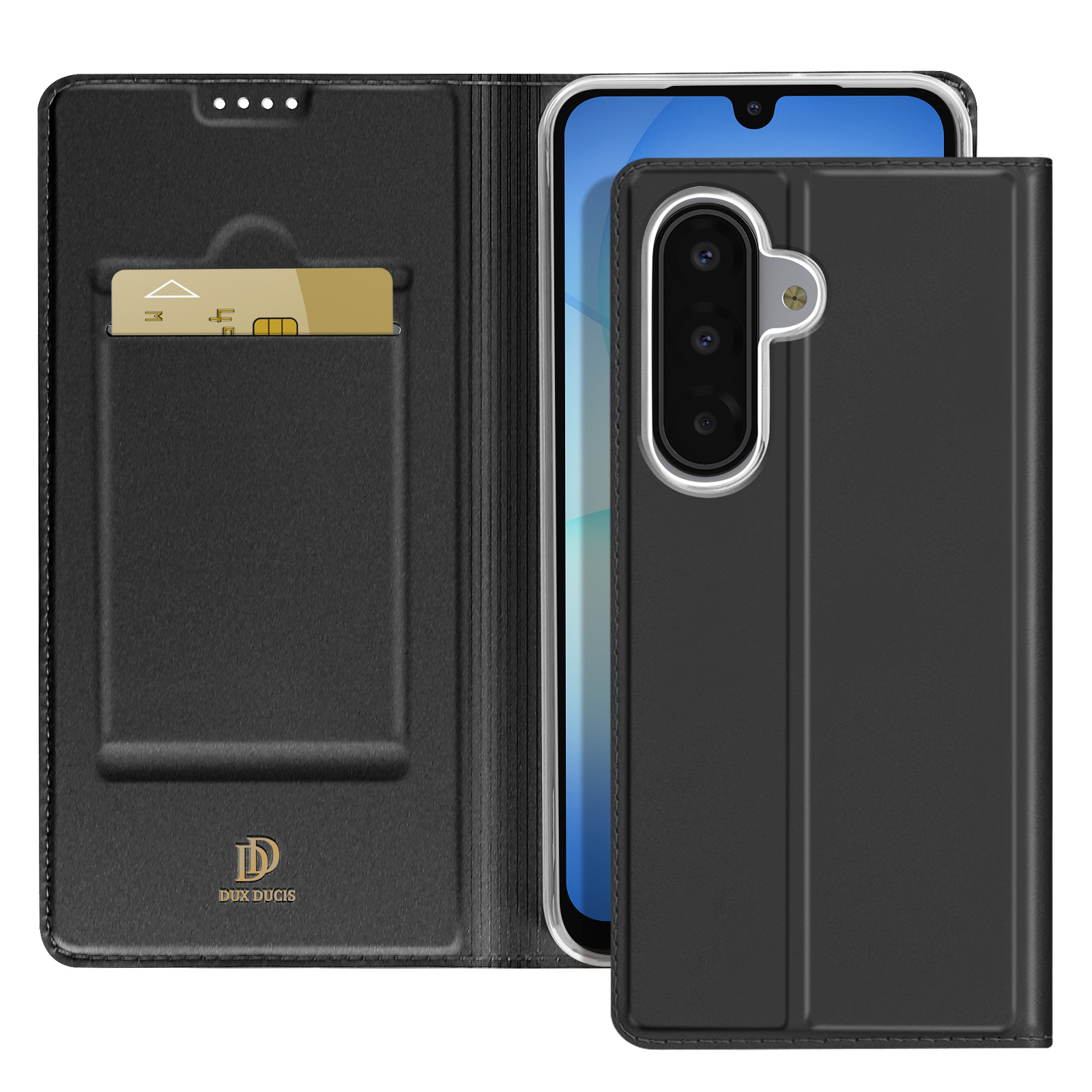 Custodia per telefono nera con carta di credito in tasca. All'interno c'è uno smartphone, con la fotocamera visibile. La custodia ha il logo DUX DUCIS.