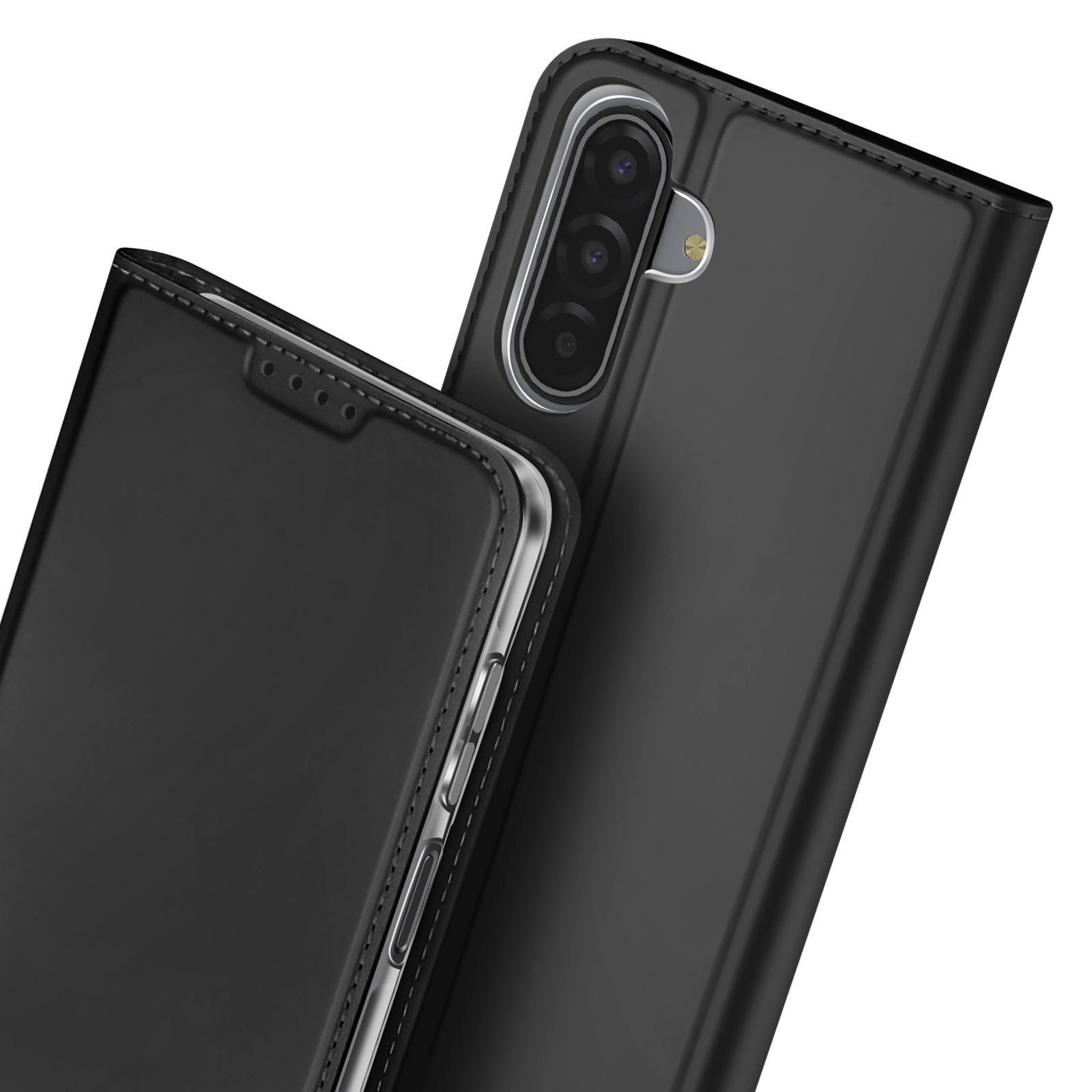 Custodia nera per telefono con fotocamera. La custodia è aperta. Il telefono ha tre fotocamere.