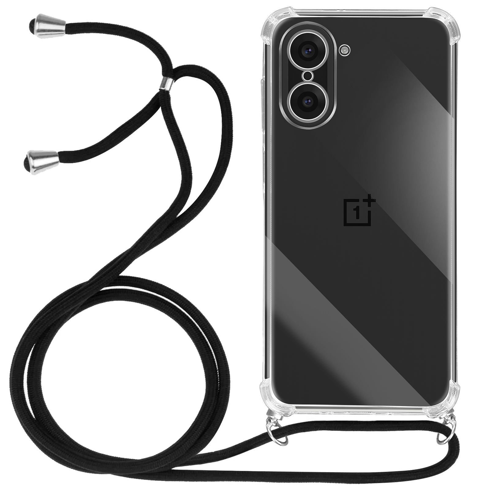 Coque de téléphone transparente avec cordon noir. Le téléphone affiche un logo OnePlus.